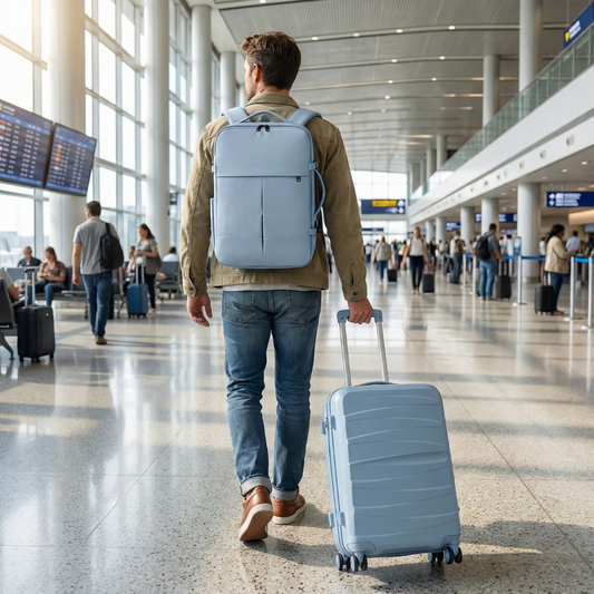 Combo Maleta (S) + Mochila Viaje Viral 36L. Light-Blue. Ripstop Impermeable y Expandible.