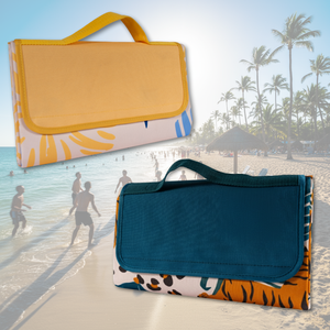 Combo Manta de Picnic o Playa Impermeable Amarilla Flores y Beige Tigres