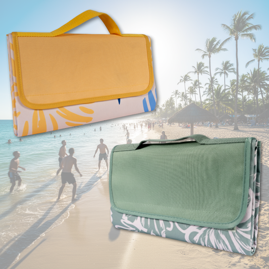 Combo Manta de Picnic o Playa Impermeable Amarilla Flores y Verde Flores