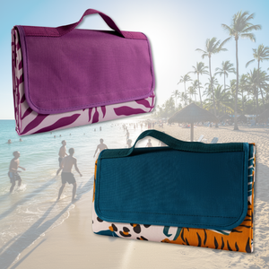 Combo Manta Picnic o Playa Impermeable Malva Étnica y Beige Tigres