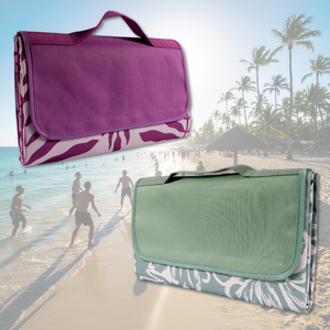 Combo Manta de Picnic o Playa Impermeable Malva Étnica y Verde Flores