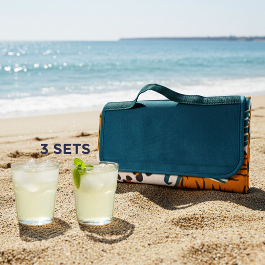 Combo Manta de Picnic Impermeable Beige Tigres + 6 Vasos Acrílicos para Agua 400ml (3 sets de 2 unidades)