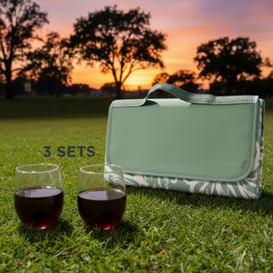 Combo Manta de Picnic Impermeable Verde Flores + 6 Vasos Acrílicos para Vino 400 ml (3 sets de 2 unidades)