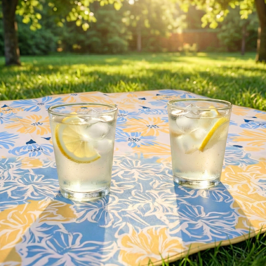 Combo Manta de Picnic, Playa Impermeable Amarilla Flores y Set de 2 Vasos Acrílicos para Agua 400ml