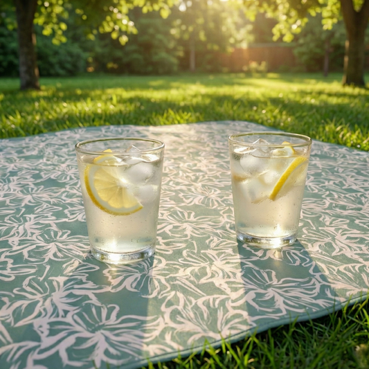 Combo Manta de Picnic, Playa Impermeable Verde Flores y Set de 2 Vasos Acrílicos para Agua 400ml