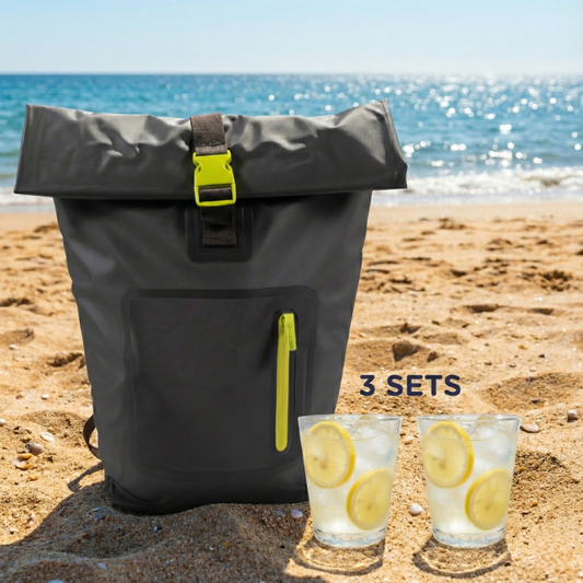 Combo Mochila Cooler Impermeable + 6 Vasos Acrílicos para Agua (3 sets de 2 unidades)