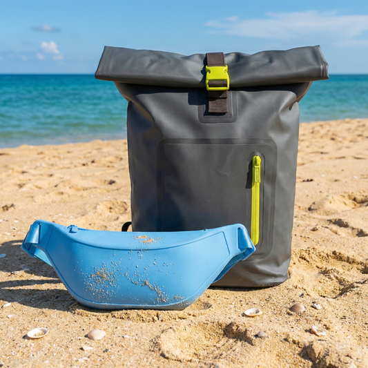 Combo Mochila Cooler Impermeable 15Lt Gris y Banano Silicona Celeste