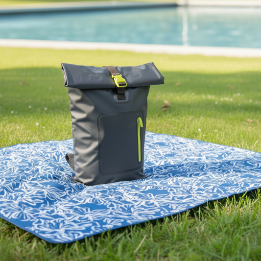 Combo Mochila Cooler 15Lt Gris y Manta Picnic Playa Azul Flores Impermeables