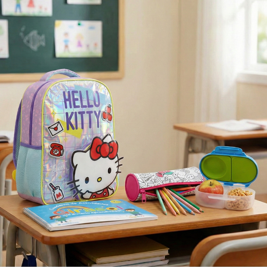 Combo: Mochila Hello Kitty Metalizada + Cuaderno De Actividades  + Estuche + Lápices Colores  + Snackbox B.Box Ocean Breeze