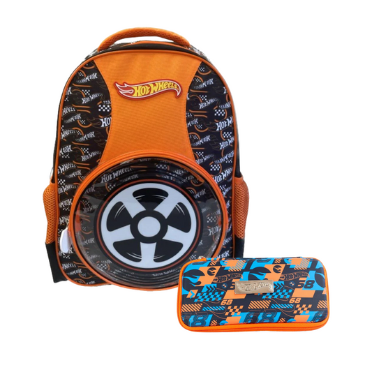 Combo Mochila Hot Wheels Bolsillo rueda + Estuche Eva Hot Wheels