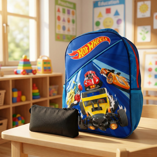 Combo Mochila Infantil 15" Hot Wheels + Estuche Saxoline Master Negro