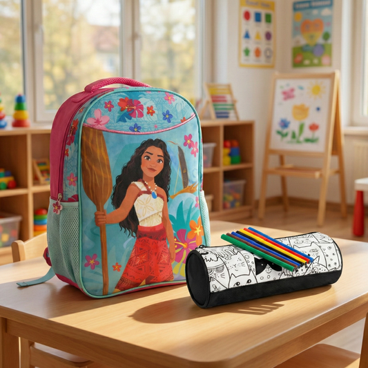 Combo Mochila Infantil 15" Moana + Estuche Negro de Tela Para Colorear