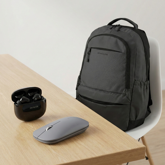 Combo Mochila Saxoline Cardiff Black + Mouse Inalámbrico + Audífonos Bluetooth