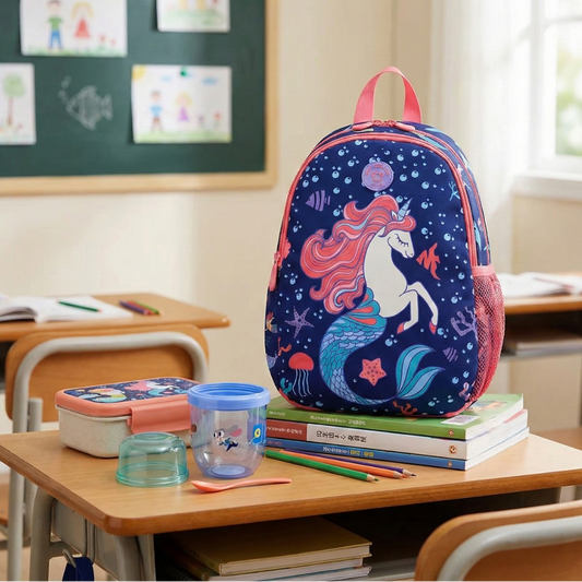 Combo Mochila Saxoline Homeschool 13Lt Sirena Azul y Vaso Yogurt Zootopia
