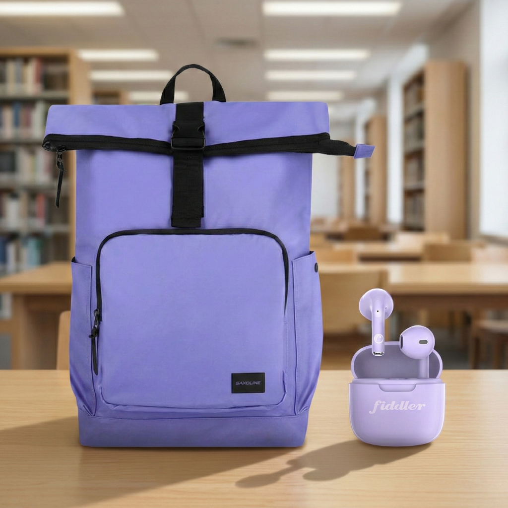 Combo Mochila Saxoline Preston Roll Top Violeta 35 L + Audífonos Bluetooth Morado