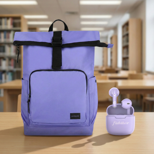 Combo Mochila Saxoline Preston Roll Top Violeta 35 L + Audífonos Bluetooth Morado