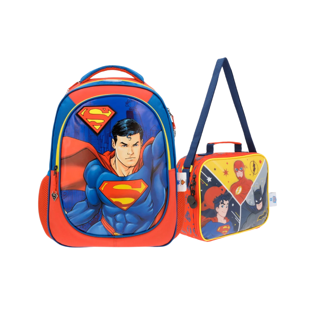 Combo Mochila Superman Con Capa Roja + Lonchera DC Liga De La Justicia Amarilla