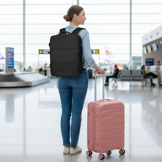 Combo Mochila Viaje Viral Cabina 40L Black y Maleta de Cabina Rosado Oscuro