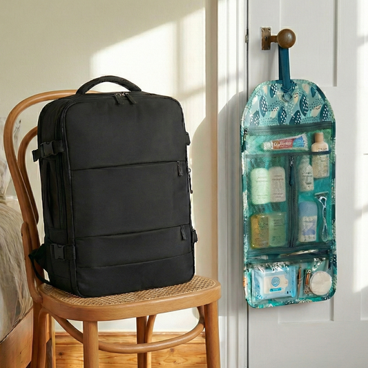 Combo Mochila Viaje Viral Cabina 40L Black y Organizador de Viaje Grande. Neceser Roll Up Gout Petroleo