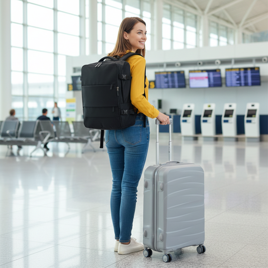 Combo Mochila Viaje Viral Cabina Avión 40L Black Resistente al agua y Maleta de Cabina Gris
