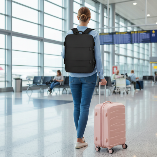 Combo Mochila Viaje Viral Cabina Avión 40L Black y Maleta de Cabina Light-Pink