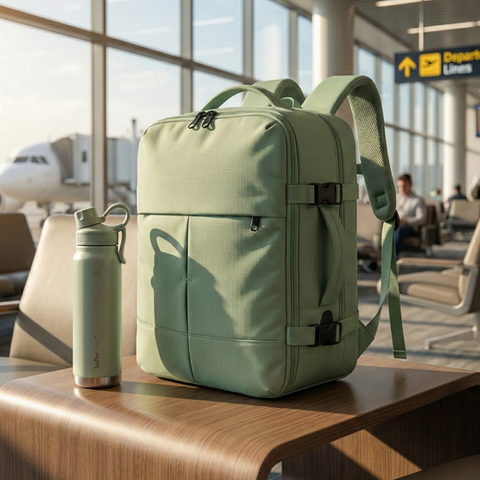 Combo Travel GREEN: Mochila Viaje 36L + Botella 700ml  BUFFER