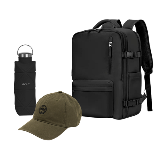 Combo 51% OFF: Mochila Viaje Viral (Cabina Avión) 31L Black. + Jockey Llaima Dark Green + Botella Plegable Gout 700Ml Negra