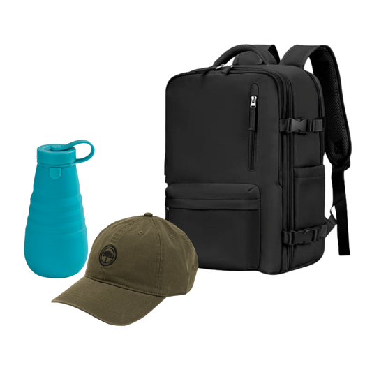 Combo 49% OFF: Mochila Viaje Viral (Cabina Avión) 31L Black. + Jockey Llaima Dark Green + Botella Silicona Plegable Azul