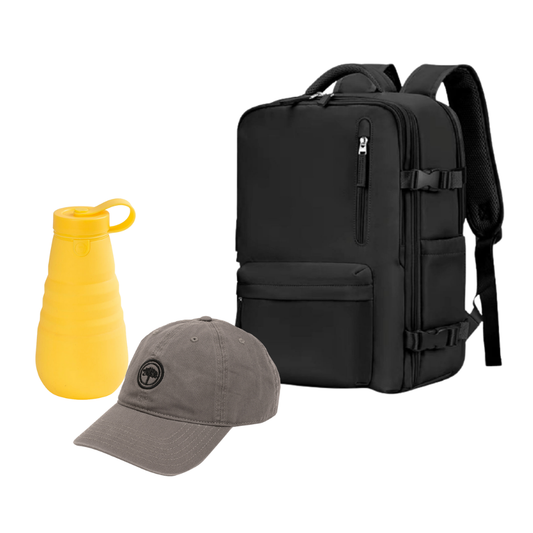Combo 49% OFF: Mochila Viaje Viral (Cabina Avión) 31L Black. + Jockey Llaima Grey + Botella Silicona Plegable Amarilla