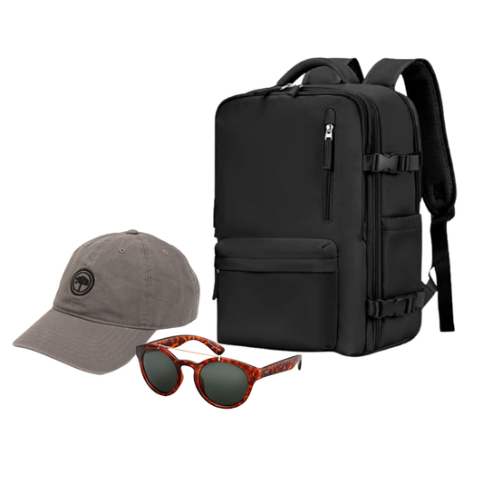 Combo 56% OFF: Mochila Viaje Viral (Cabina Avión) 31L Black. + Jockey Llaima Grey + Lentes de Sol Rotter & Krauss M2