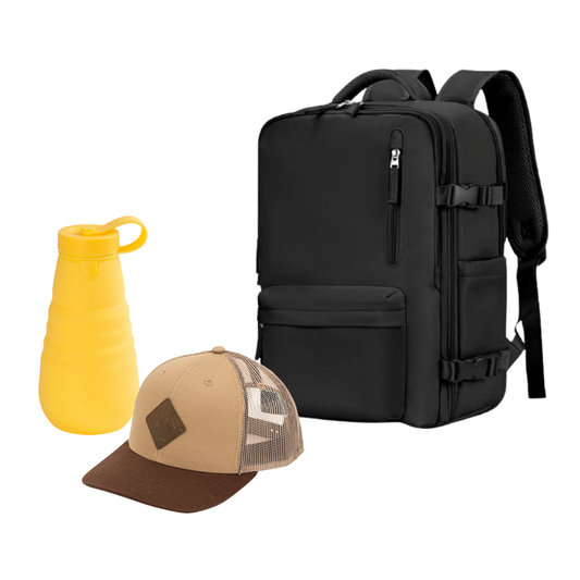 Combo 50% OFF : Mochila Viaje Viral (Cabina Avión) 31L Black. + Jockey Llaima Maipo Beige + Botella Silicona Plegable Amarilla