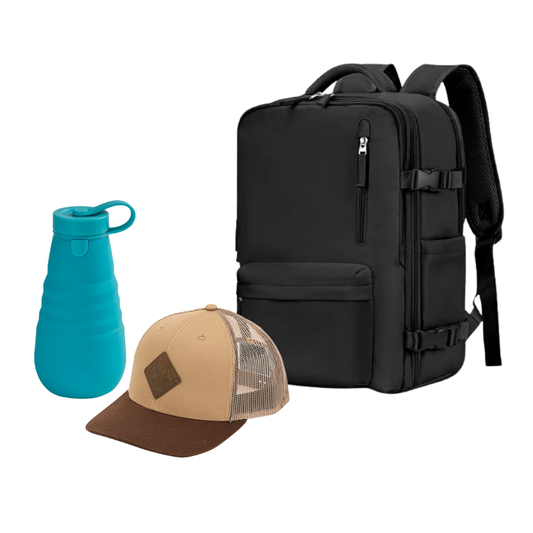 Combo 49% OFF: Mochila Viaje Viral (Cabina Avión) 31L Black. + Jockey Llaima Maipo Beige + Botella Silicona Plegable Azul
