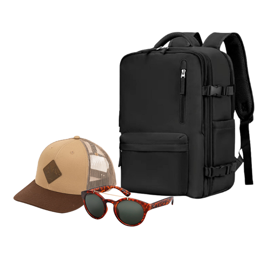 Combo: Mochila Viaje Viral (Cabina Avión) 31L Black. + Jockey Llaima Maipo Beige + Lentes de Sol Rotter & Krauss M2