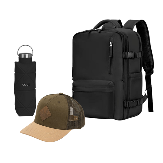 Combo 50% OFF: Mochila Viaje Viral (Cabina Avión) 31L Black. + Jockey Llaima Maipo Oliva + Botella Plegable Gout 700Ml Negra