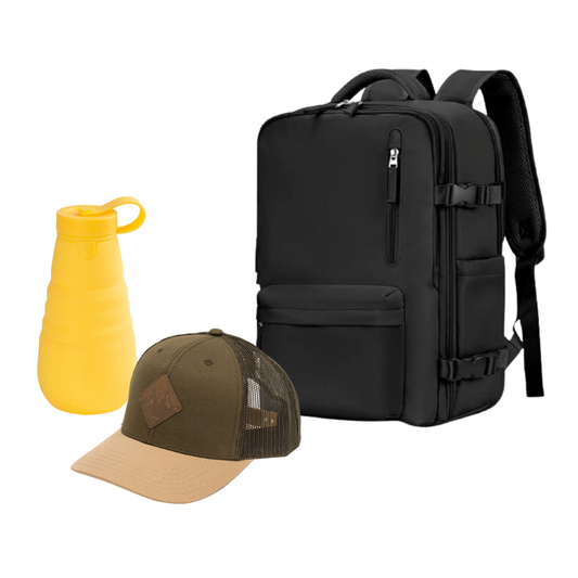 Combo: Mochila Viaje Viral (Cabina Avión) 31L Black. + Jockey Llaima Maipo Oliva + Botella Silicona Plegable Amarilla