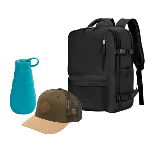 Combo 49% OFF: Mochila Viaje Viral (Cabina Avión) 31L Black. + Jockey Llaima Maipo Oliva + Botella Silicona Plegable Azul