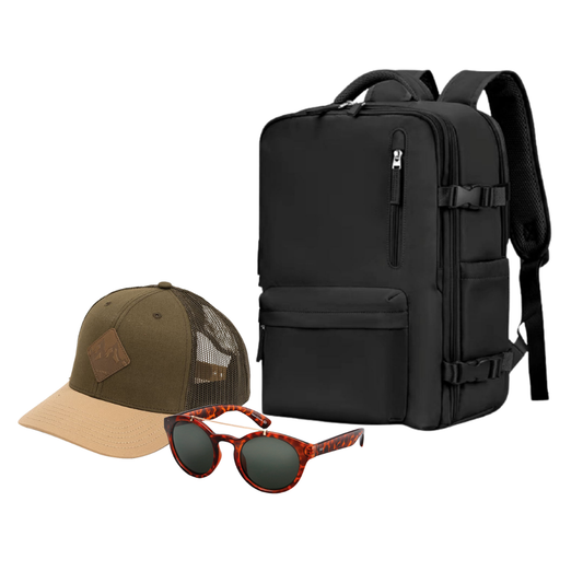 Combo 56% OFF: Mochila Viaje Viral (Cabina Avión) 31L Black. + Jockey Llaima Maipo Oliva + Lentes de Sol Rotter & Krauss M2