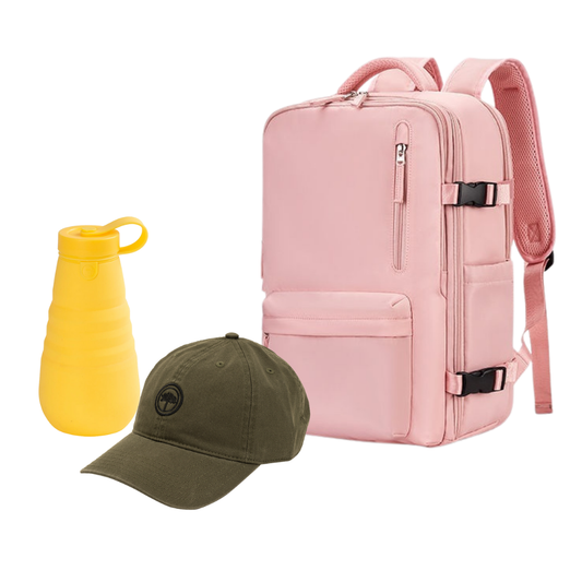 Combo 49% OFF: Mochila Viaje Viral (Cabina Avión) 31L Misty Pink. + Jockey Llaima Dark Green + Botella Silicona Plegable Amarilla
