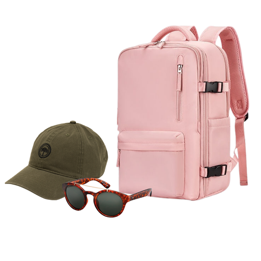 Combo: Mochila Viaje Viral (Cabina Avión) 31L Misty Pink. + Jockey Llaima Dark Green + Lentes de Sol Rotter & Krauss M2