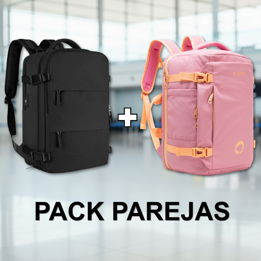 Combo: Mochila Viaje (Cabina Avión) 34L. Negro + Mochila de Viaje Viral Cabina 45L. Kippi Rosada. Resistente al Agua