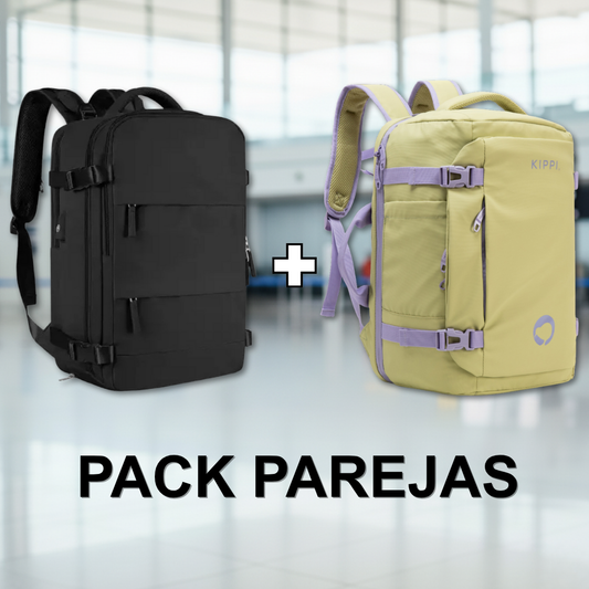 Combo: Mochila Viaje (Cabina Avión) 34L. Negro + Mochila de Viaje Viral Cabina 45 L. Resistente al Agua. Kippi Pistacho