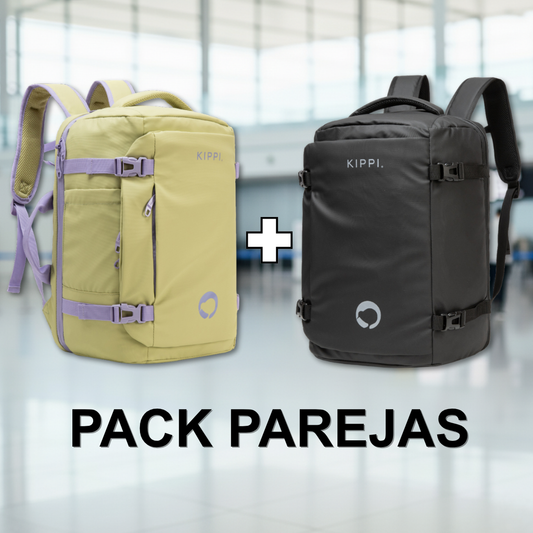 Combo: Mochila de Viaje Cabina. Resistente al Agua. 45 L Kippi Negro + Mochila de Viaje Viral Cabina 45 L. Resistente al Agua. Kippi Pistacho