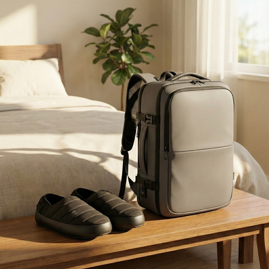 Combo Mochila de Viaje Viral 38L Expandible, Resistente al agua Space Grey Navigator y Pantufla Llaima Outdoor Acolchada Negro