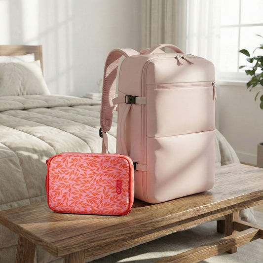 Combo Mochila de Viaje Viral Cabina 40L Misty Pink y Organizador de Viaje 24cm x 18cm. Cosmetiquero Gout Rosado