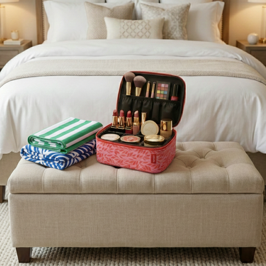 Combo Organizador de Viaje 24cm x 18cm cosmetiquero Gout Rosado y Toalla de Playa Redonda 150 cm Colores surtidos.