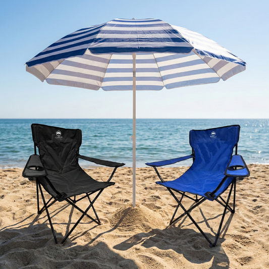 Combo Quitasol UV 1,6m Llaima Azul/Blanco + Sillas Camping Outdoor Plegables Llaima Azul y Negro