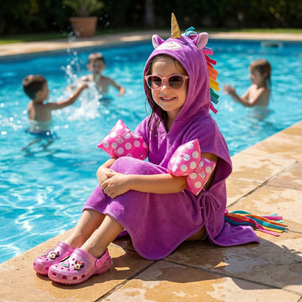 Combo Sandalia Zueco Minnie Rosado Niña + Toalla Poncho Unicornio + Flotadores 3D Minnie + Lentes De Sol Giulia