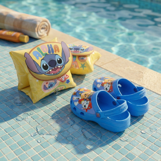 Combo Sandalia Zueco Niño Paw Patrol Azul y Alitas Flotadoras Niños 3D Stitch