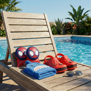 Combo Sandalia Zueco Niño Spiderman Rojo + Toalla Poncho Tiburón + Flotadores 3D Spiderman + Lentes de Sol Theo