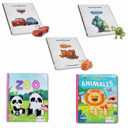 Combo: Sets de Libros Cars 1 +  Buscando A Nemo + Monsters University (Incluyen figuras) + Diseña Tus Animales + Diseña Tu Propio Zoo